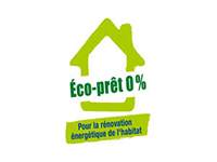 Icône maison verte avec le texte 'Éco-prêt 0%' et 'Pour la rénovation énergétique de l'habitat'. Symbole de financement pour l'amélioration énergétique des logements.
