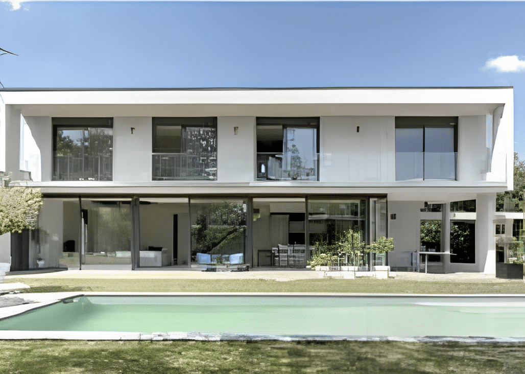 Maison moderne blanche avec de grandes baies vitrées et une piscine rectangulaire dans un jardin verdoyant sous un ciel bleu clair.