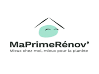 Logo MaPrimeRénov' : un toit de maison encadrant une forme bleue souriante. Slogan "Mieux chez moi, mieux pour la planète".